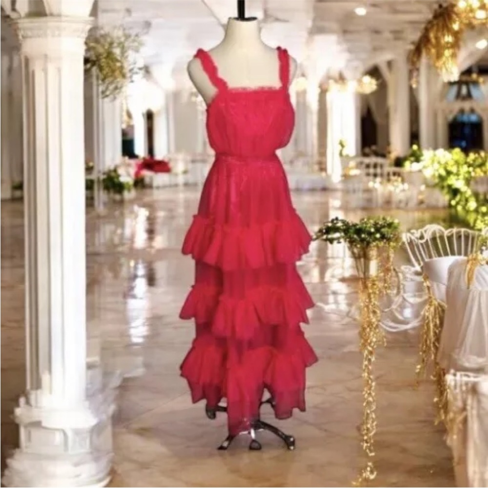 Strut & Bolt Party Dress Lipstick Red Tulle Ruffle Tiered Chiffon